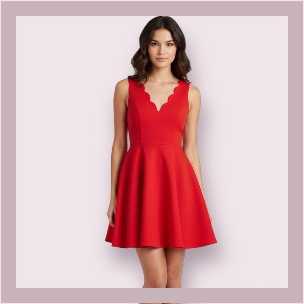 Love…ady Bright Red Scalloped V/Neck Mini Skater Dress